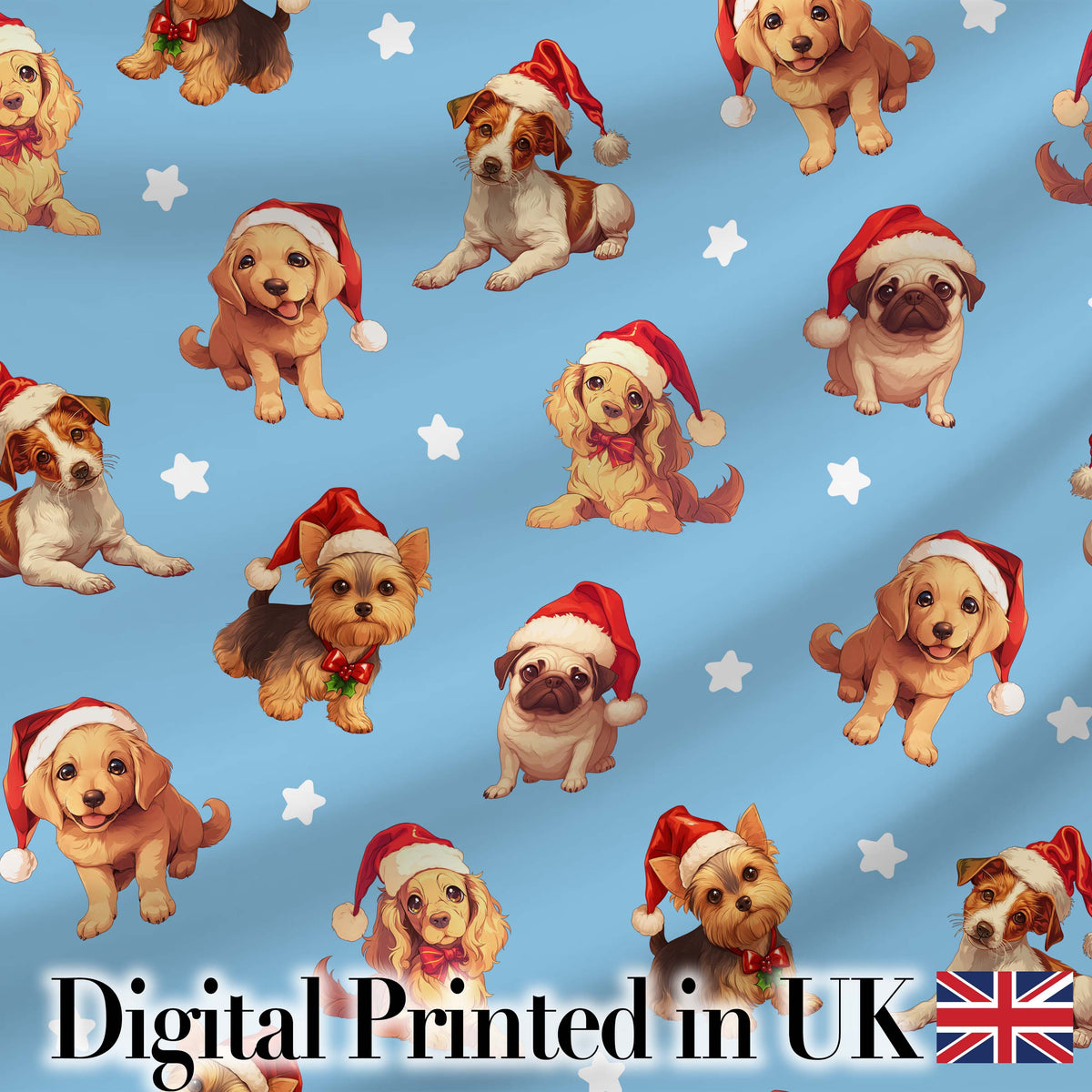 Cute Christmas Puppies Santa Hat on Sky Blue Star Background Seamless Pattern Digital Print Fabric by the Metre UK Sewing Quilting Textile