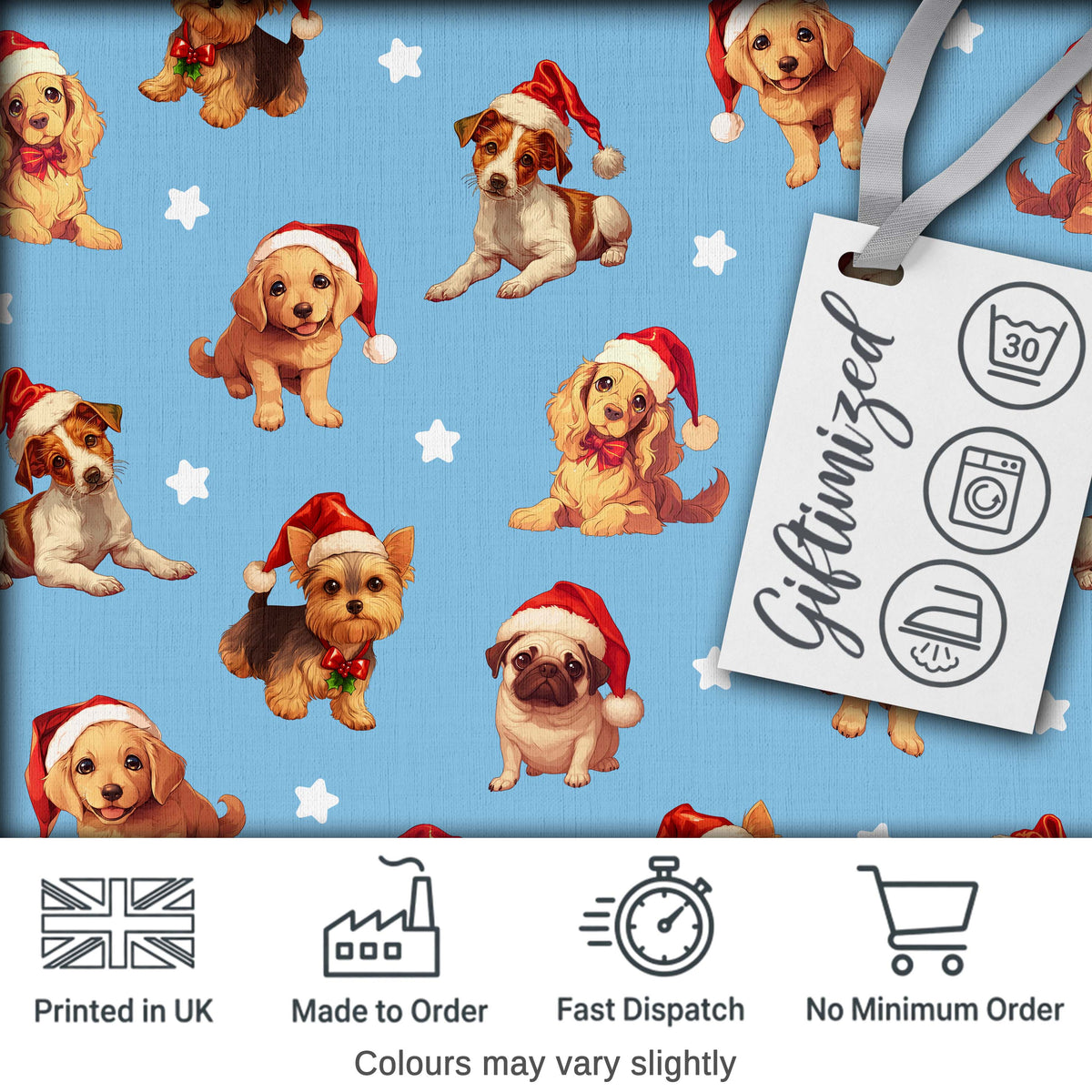 Cute Christmas Puppies Santa Hat on Sky Blue Star Background Seamless Pattern Digital Print Fabric by the Metre UK Sewing Quilting Textile