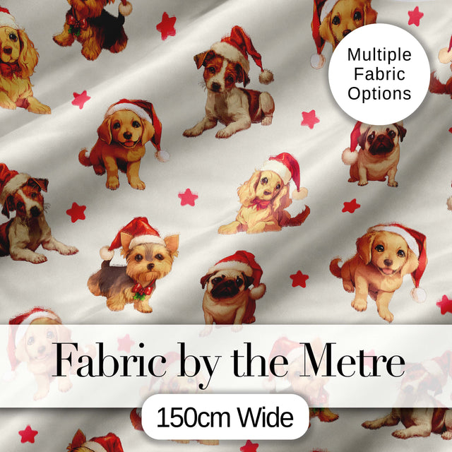 Cute Christmas Puppies Santa Hat on Light Cream Background Seamless Pattern Digital Print Fabric by the Metre UK Sewing Quilting Textile