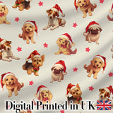 Cute Christmas Puppies Santa Hat on Light Cream Background Seamless Pattern Digital Print Fabric by the Metre UK Sewing Quilting Textile
