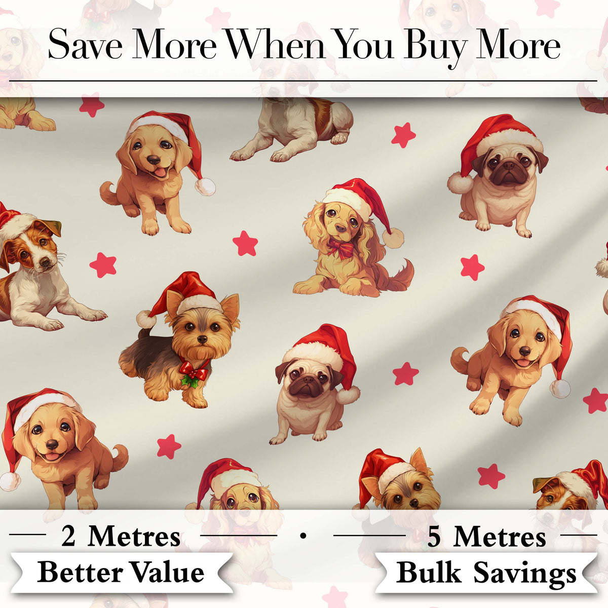 Cute Christmas Puppies Santa Hat on Light Cream Background Seamless Pattern Digital Print Fabric by the Metre UK Sewing Quilting Textile