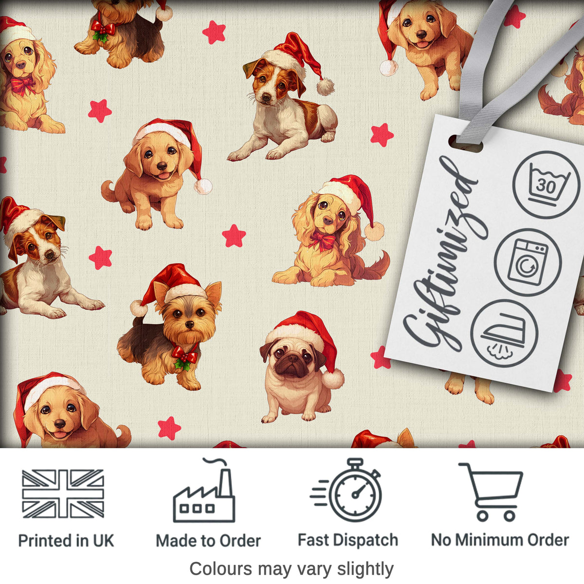 Cute Christmas Puppies Santa Hat on Light Cream Background Seamless Pattern Digital Print Fabric by the Metre UK Sewing Quilting Textile