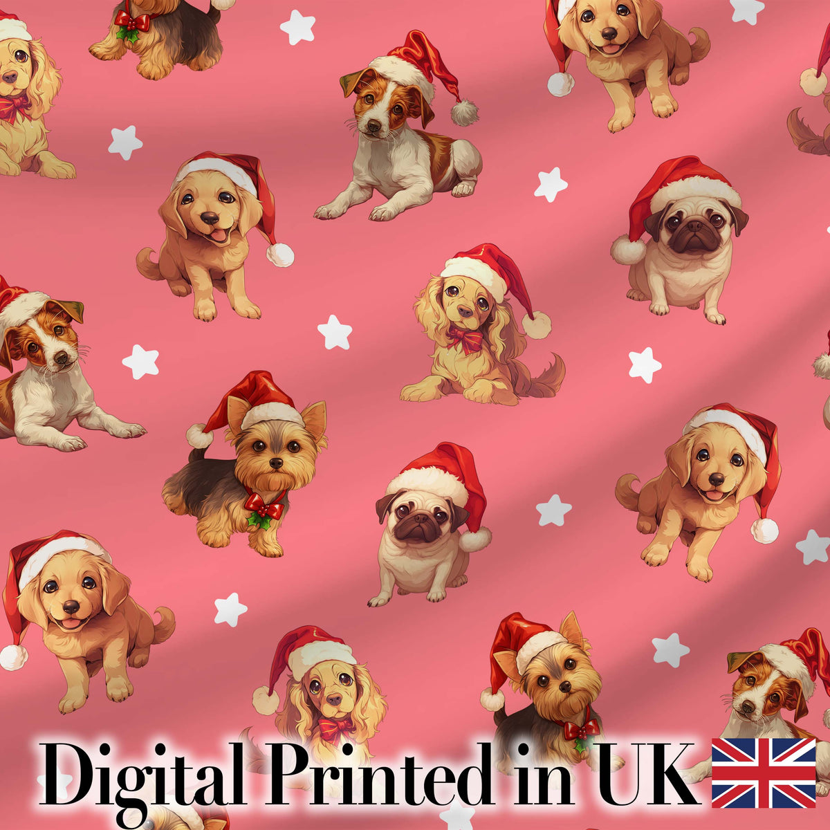 Cute Christmas Puppies Santa Hat on Warm Coral Pink Background Seamless Pattern Digital Print Fabric by the Metre UK Sewing Quilting Textile