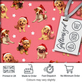 Cute Christmas Puppies Santa Hat on Warm Coral Pink Background Seamless Pattern Digital Print Fabric by the Metre UK Sewing Quilting Textile