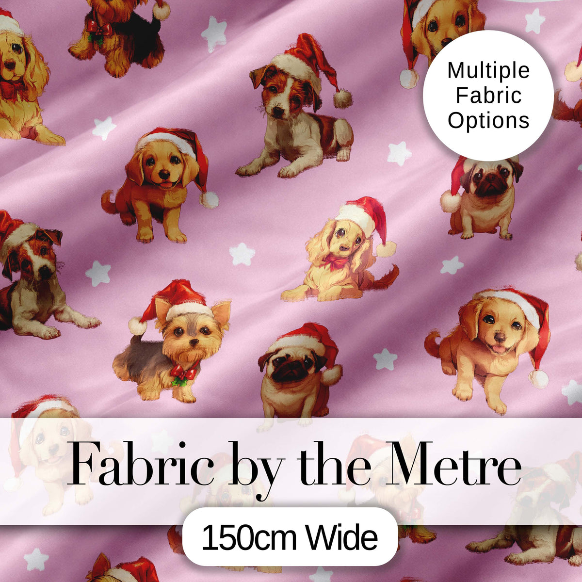 Cute Christmas Puppies Santa Hat on Dusty Pink Background Seamless Pattern Digital Print Fabric by the Metre UK Sewing Quilting Textile