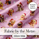 Cute Christmas Puppies Santa Hat on Dusty Pink Background Seamless Pattern Digital Print Fabric by the Metre UK Sewing Quilting Textile