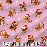 Cute Christmas Puppies Santa Hat on Dusty Pink Background Seamless Pattern Digital Print Fabric by the Metre UK Sewing Quilting Textile