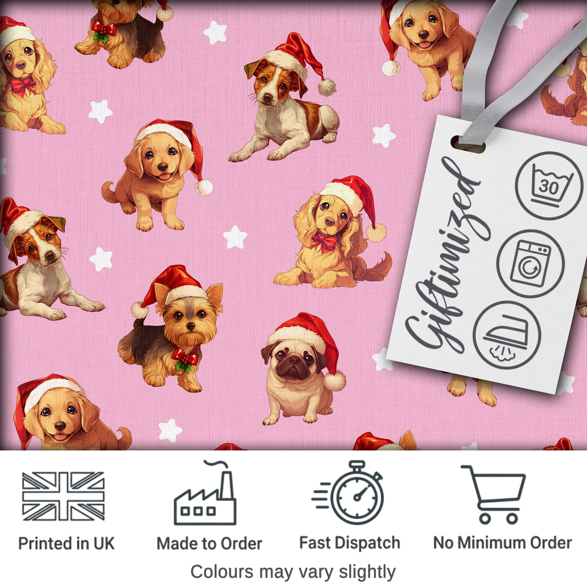 Cute Christmas Puppies Santa Hat on Dusty Pink Background Seamless Pattern Digital Print Fabric by the Metre UK Sewing Quilting Textile