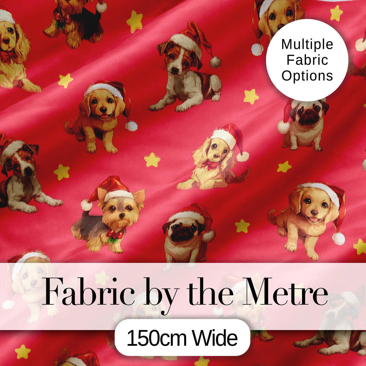 Cute Christmas Puppies Santa Hat on Bright Red Background Seamless Pattern Digital Print Fabric by the Metre UK Sewing Quilting Textile