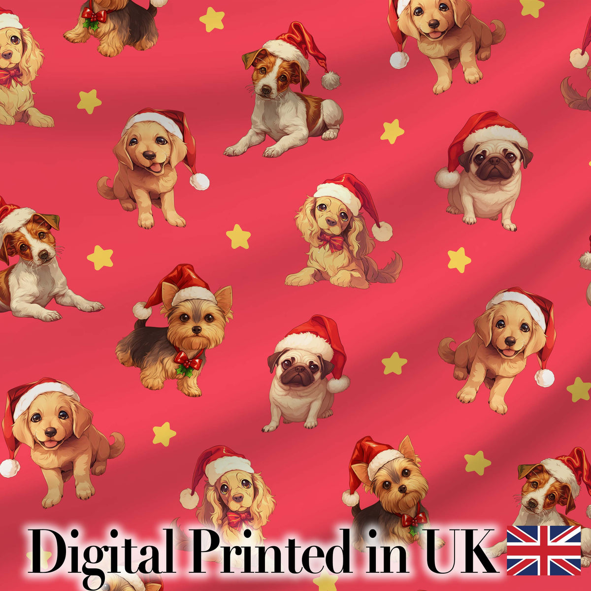 Cute Christmas Puppies Santa Hat on Bright Red Background Seamless Pattern Digital Print Fabric by the Metre UK Sewing Quilting Textile