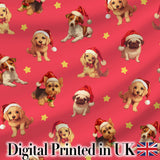 Cute Christmas Puppies Santa Hat on Bright Red Background Seamless Pattern Digital Print Fabric by the Metre UK Sewing Quilting Textile