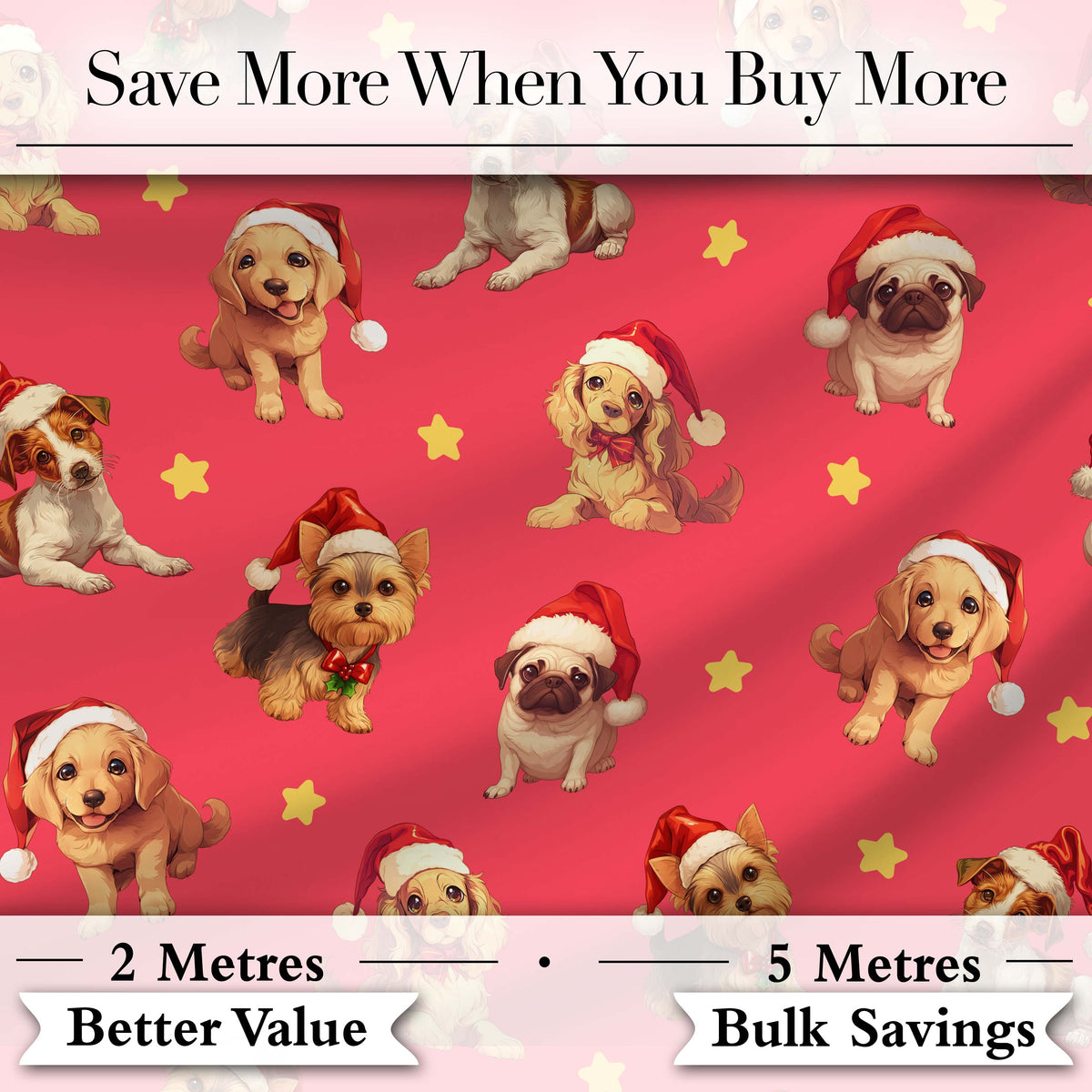 Cute Christmas Puppies Santa Hat on Bright Red Background Seamless Pattern Digital Print Fabric by the Metre UK Sewing Quilting Textile
