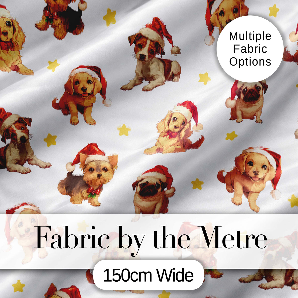 Cute Christmas Puppies Santa Hat on Soft Grey Background Seamless Pattern Digital Print Fabric by the Metre UK Sewing Quilting Textile