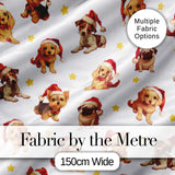 Cute Christmas Puppies Santa Hat on Soft Grey Background Seamless Pattern Digital Print Fabric by the Metre UK Sewing Quilting Textile