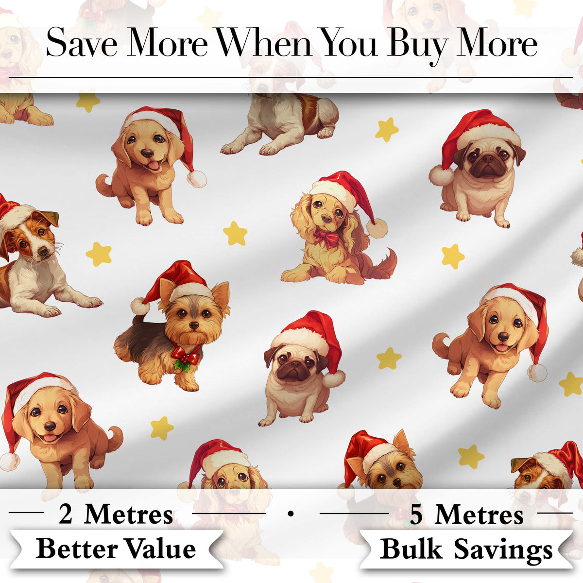Cute Christmas Puppies Santa Hat on Soft Grey Background Seamless Pattern Digital Print Fabric by the Metre UK Sewing Quilting Textile