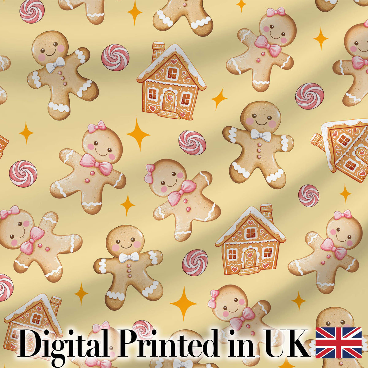 Cute Gingerbread Cookies Candy House on Warm Beige Background Seamless Pattern Digital Print Fabric by the Metre UK Sewing Quilting Textile