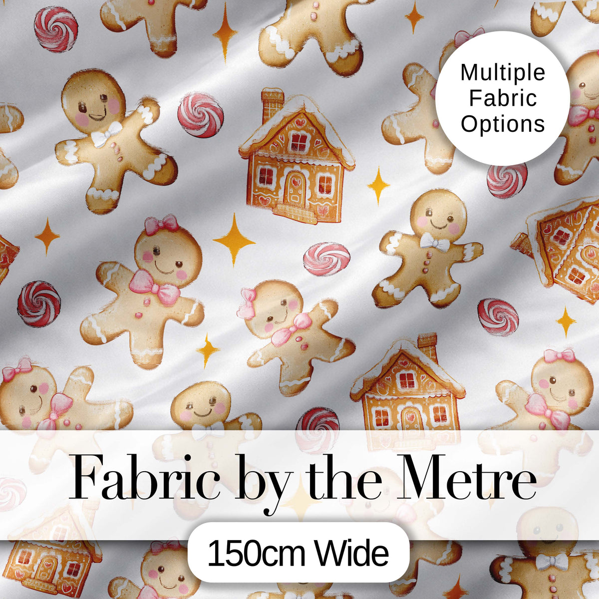 Cute Gingerbread Cookies Candy House on Light Grey Background Seamless Pattern Digital Print Fabric by the Metre UK Sewing Quilting Textile