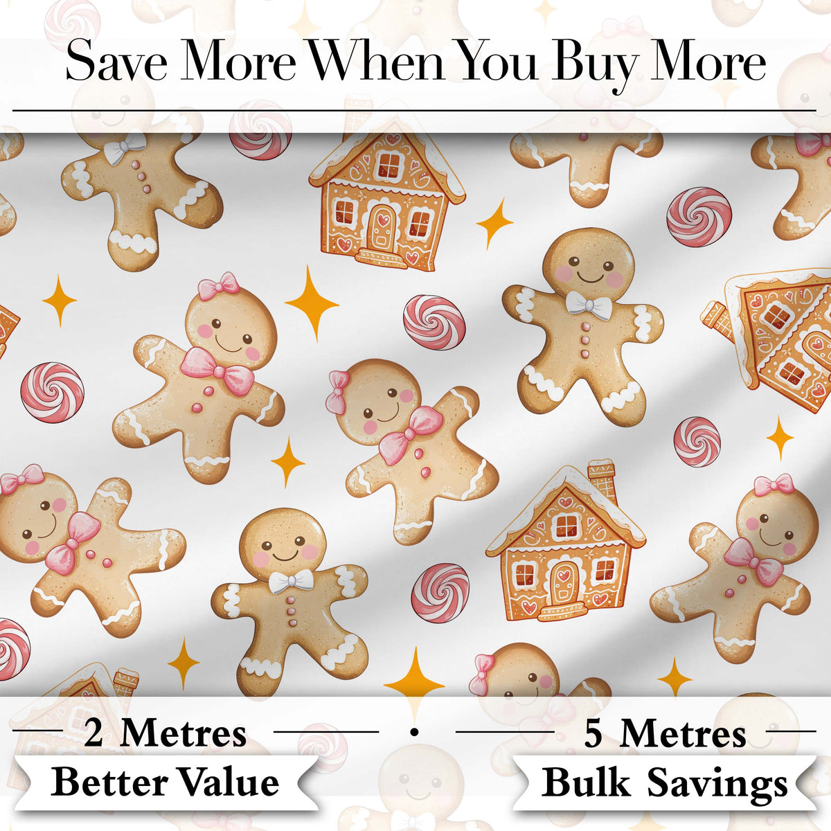 Cute Gingerbread Cookies Candy House on Light Grey Background Seamless Pattern Digital Print Fabric by the Metre UK Sewing Quilting Textile