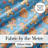 Cute Gingerbread Cookies Candy House on Soft Blue Background Seamless Pattern Digital Print Fabric by the Metre UK Sewing Quilting Textile