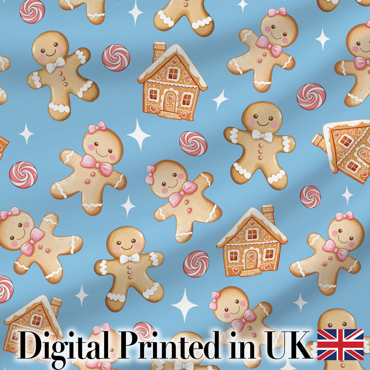 Cute Gingerbread Cookies Candy House on Soft Blue Background Seamless Pattern Digital Print Fabric by the Metre UK Sewing Quilting Textile