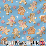 Cute Gingerbread Cookies Candy House on Soft Blue Background Seamless Pattern Digital Print Fabric by the Metre UK Sewing Quilting Textile