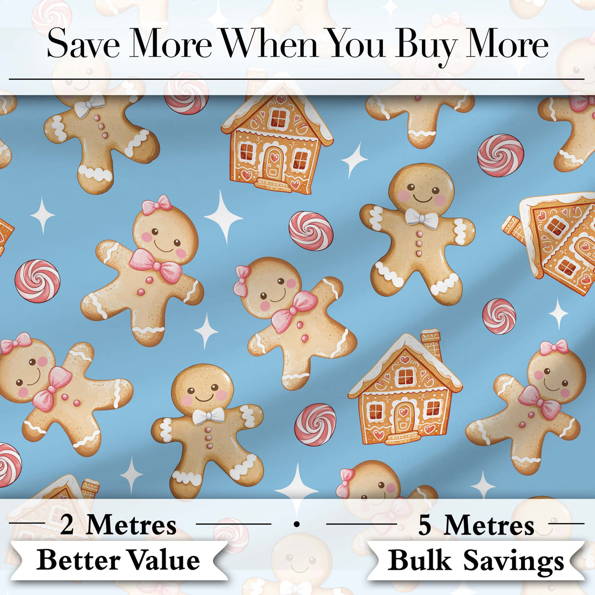 Cute Gingerbread Cookies Candy House on Soft Blue Background Seamless Pattern Digital Print Fabric by the Metre UK Sewing Quilting Textile
