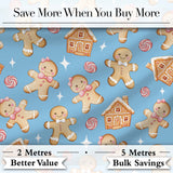 Cute Gingerbread Cookies Candy House on Soft Blue Background Seamless Pattern Digital Print Fabric by the Metre UK Sewing Quilting Textile