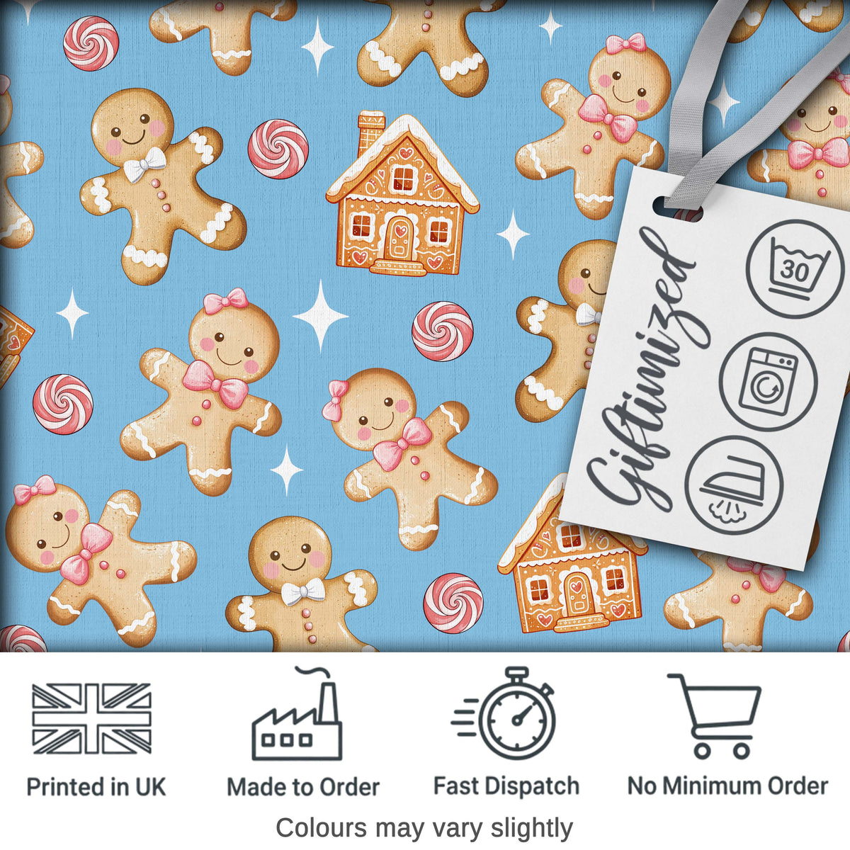 Cute Gingerbread Cookies Candy House on Soft Blue Background Seamless Pattern Digital Print Fabric by the Metre UK Sewing Quilting Textile