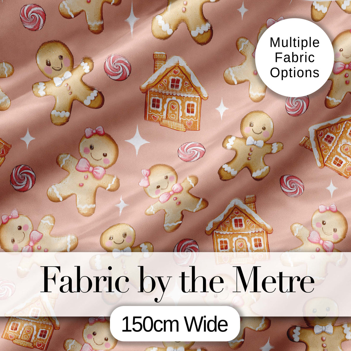 Cute Gingerbread Cookies Candy House on Peach Blush Background Seamless Pattern Digital Print Fabric by the Metre UK Sewing Quilting Textile
