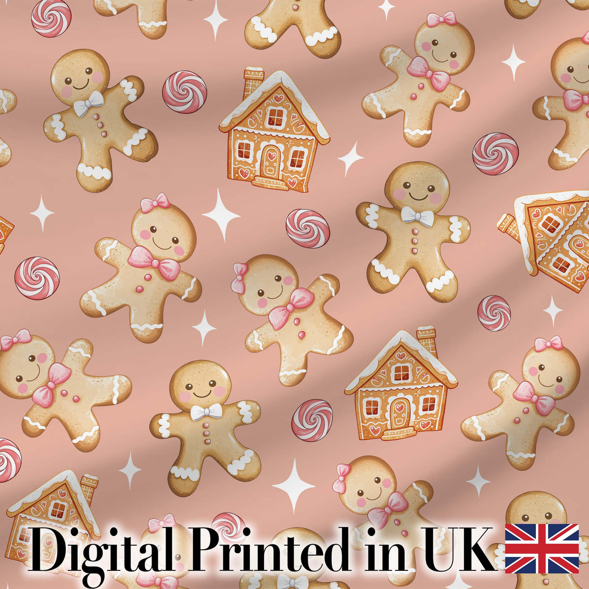 Cute Gingerbread Cookies Candy House on Peach Blush Background Seamless Pattern Digital Print Fabric by the Metre UK Sewing Quilting Textile