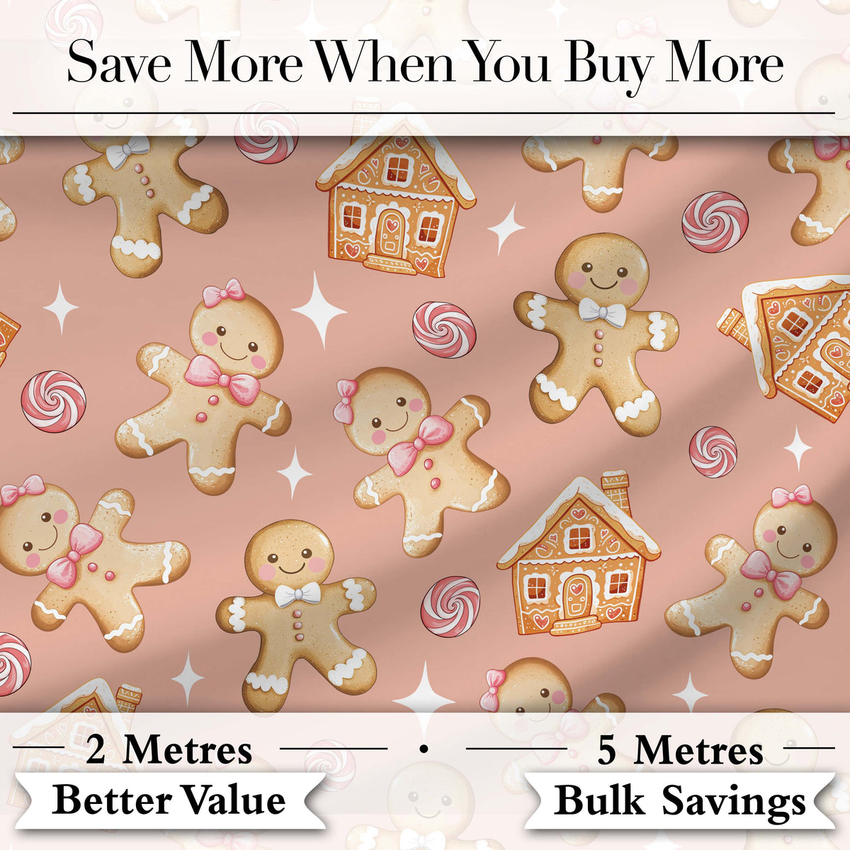 Cute Gingerbread Cookies Candy House on Peach Blush Background Seamless Pattern Digital Print Fabric by the Metre UK Sewing Quilting Textile
