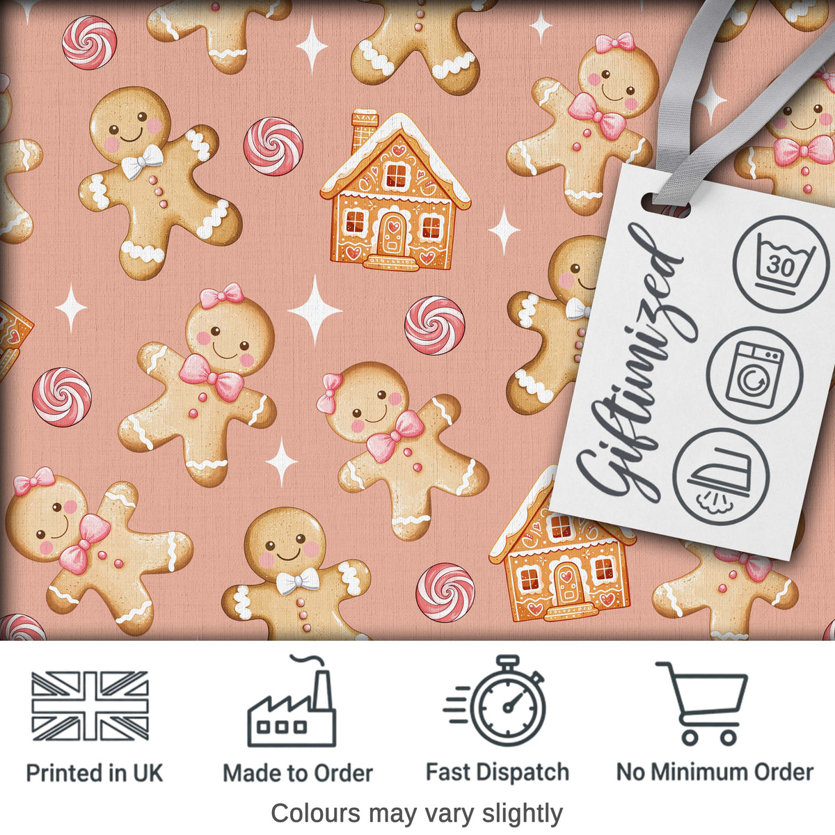 Cute Gingerbread Cookies Candy House on Peach Blush Background Seamless Pattern Digital Print Fabric by the Metre UK Sewing Quilting Textile
