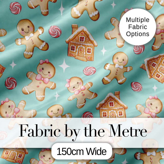 Cute Gingerbread Cookies Candy House on Mint Green Background Seamless Pattern Digital Print Fabric by the Metre UK Sewing Quilting Textile