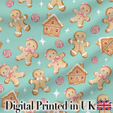 Cute Gingerbread Cookies Candy House on Mint Green Background Seamless Pattern Digital Print Fabric by the Metre UK Sewing Quilting Textile