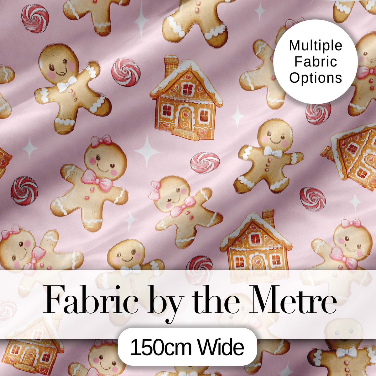 Cute Gingerbread Cookies Candy House on Pastel Pink Background Seamless Pattern Digital Print Fabric by the Metre UK Sewing Quilting Textile