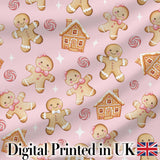 Cute Gingerbread Cookies Candy House on Pastel Pink Background Seamless Pattern Digital Print Fabric by the Metre UK Sewing Quilting Textile