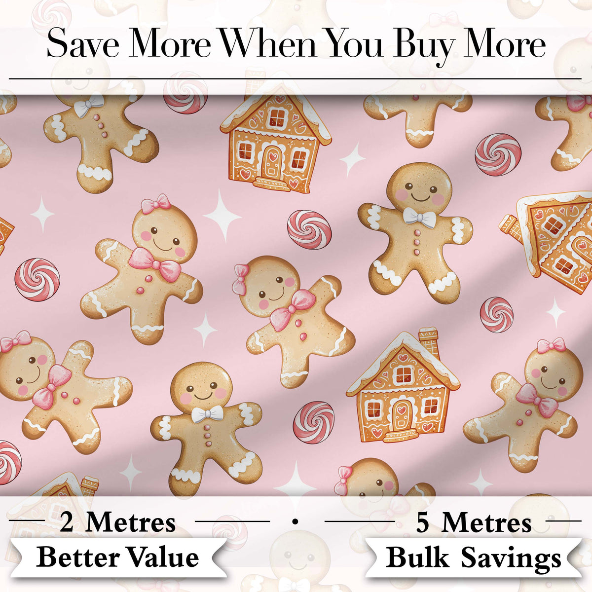 Cute Gingerbread Cookies Candy House on Pastel Pink Background Seamless Pattern Digital Print Fabric by the Metre UK Sewing Quilting Textile