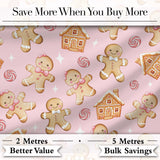 Cute Gingerbread Cookies Candy House on Pastel Pink Background Seamless Pattern Digital Print Fabric by the Metre UK Sewing Quilting Textile