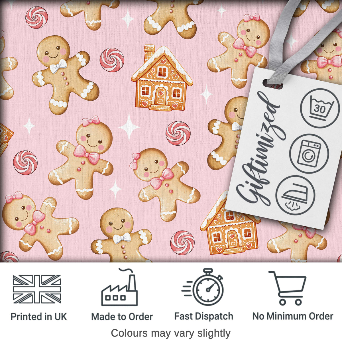 Cute Gingerbread Cookies Candy House on Pastel Pink Background Seamless Pattern Digital Print Fabric by the Metre UK Sewing Quilting Textile