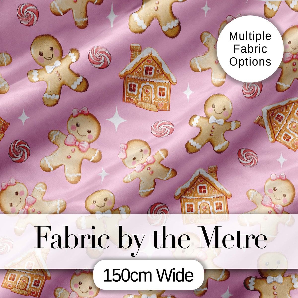 Cute Gingerbread Cookies Candy House on Dusty Rose Background Seamless Pattern Digital Print Fabric by the Metre UK Sewing Quilting Textile