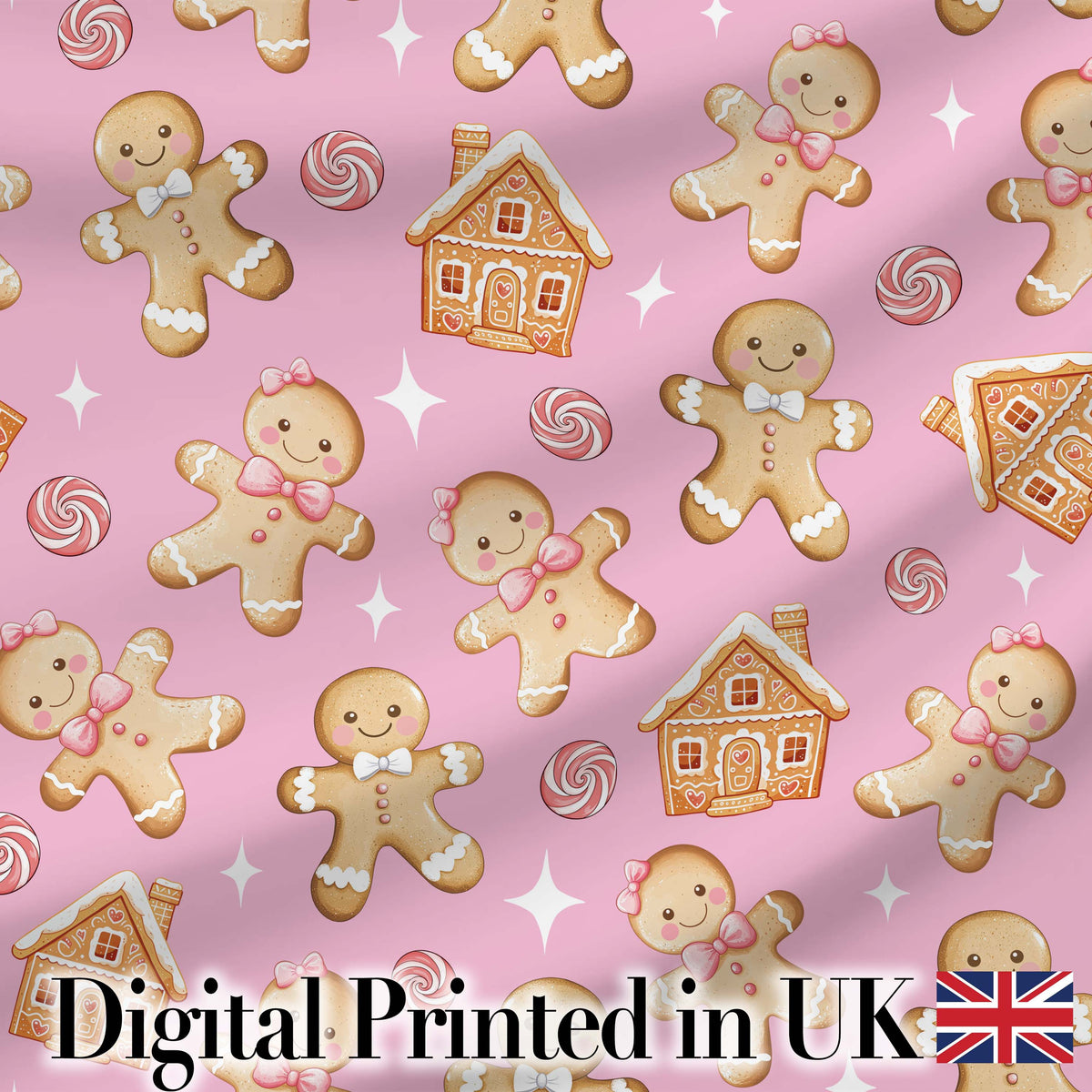 Cute Gingerbread Cookies Candy House on Dusty Rose Background Seamless Pattern Digital Print Fabric by the Metre UK Sewing Quilting Textile