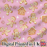 Cute Gingerbread Cookies Candy House on Dusty Rose Background Seamless Pattern Digital Print Fabric by the Metre UK Sewing Quilting Textile