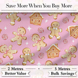 Cute Gingerbread Cookies Candy House on Dusty Rose Background Seamless Pattern Digital Print Fabric by the Metre UK Sewing Quilting Textile