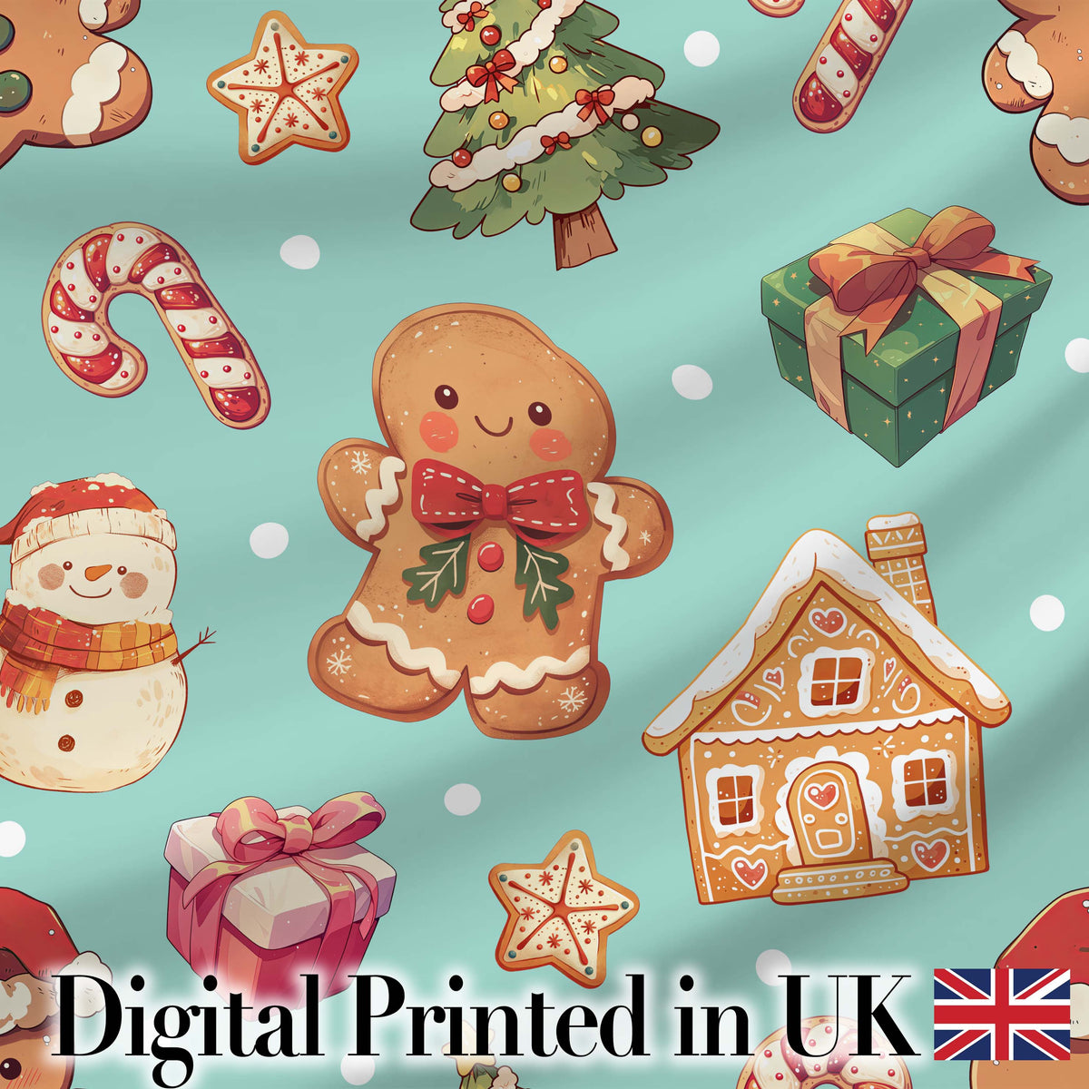 Cute Christmas Gingerbread Man Tree Gift Snowman on Mint Background Seamless  Digital Print Fabric by the Metre UK Sewing Quilting Textile