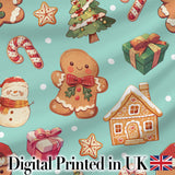 Cute Christmas Gingerbread Man Tree Gift Snowman on Mint Background Seamless  Digital Print Fabric by the Metre UK Sewing Quilting Textile