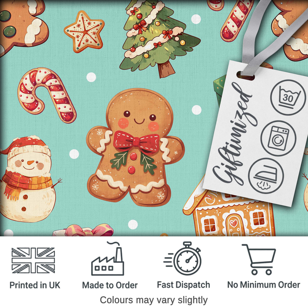 Cute Christmas Gingerbread Man Tree Gift Snowman on Mint Background Seamless  Digital Print Fabric by the Metre UK Sewing Quilting Textile