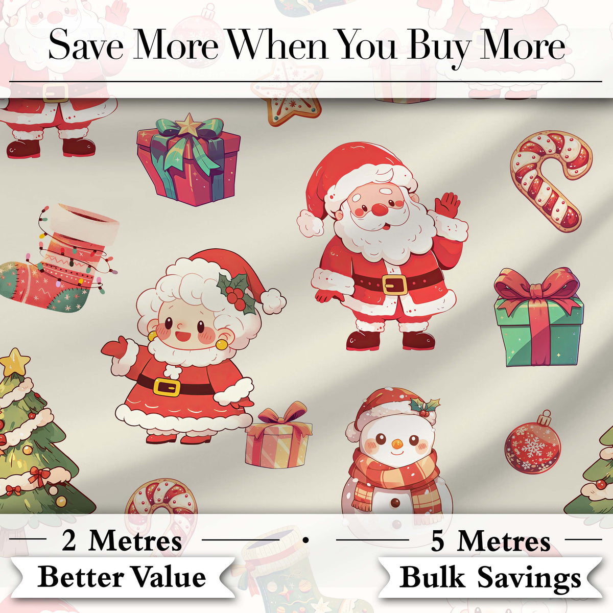 Cute Santa Claus Mrs Claus Snowman Gift Candy Festive Seamless Pattern Digital Print Fabric by the Metre UK Sewing Quilting Textile