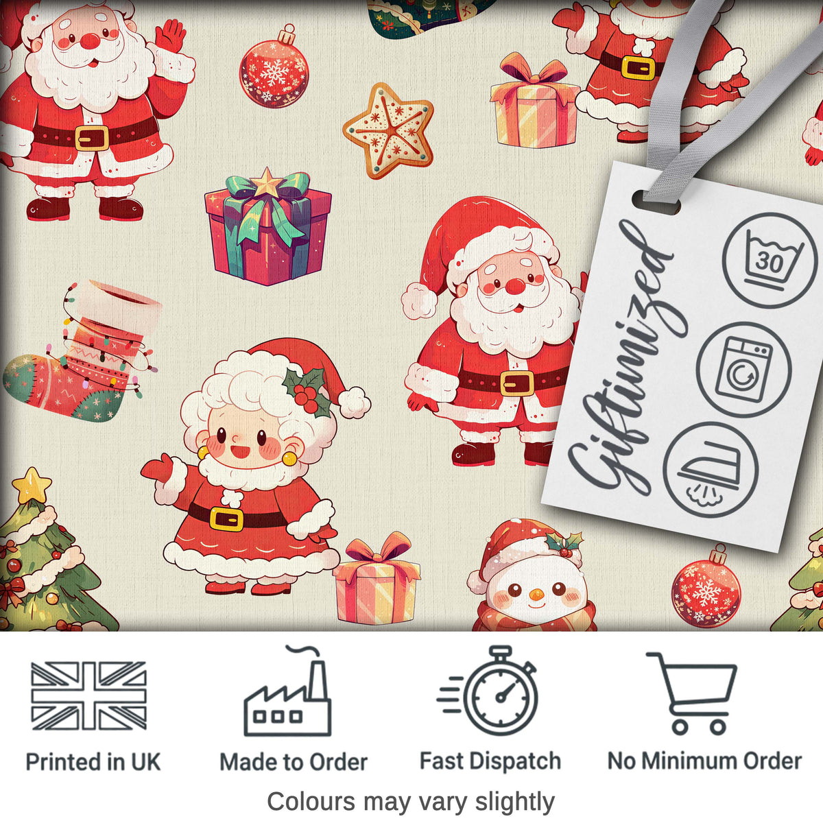 Cute Santa Claus Mrs Claus Snowman Gift Candy Festive Seamless Pattern Digital Print Fabric by the Metre UK Sewing Quilting Textile
