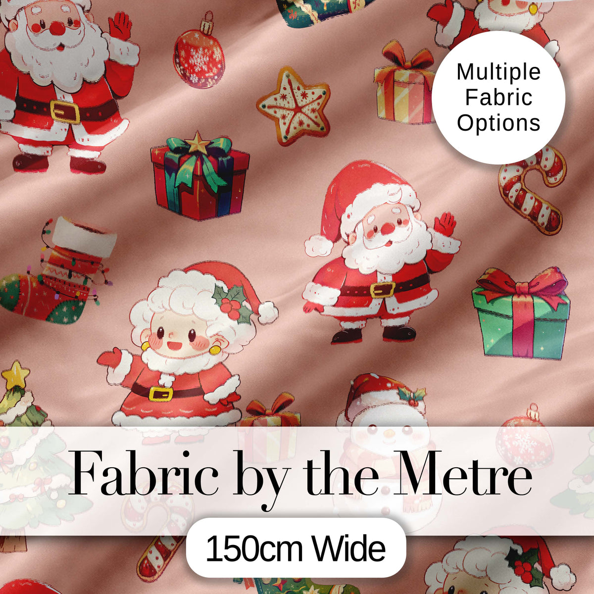 Cute Santa Claus Mrs Claus Snowman Gift Candy on Peach Background Seamless  Digital Print Fabric by the Metre UK Sewing Quilting Textile