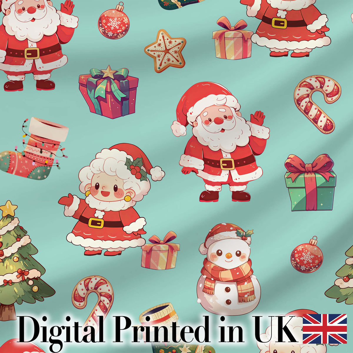 Cute Santa Claus Mrs Claus Snowman Gift Candy on Mint Background Seamless  Digital Print Fabric by the Metre UK Sewing Quilting Textile